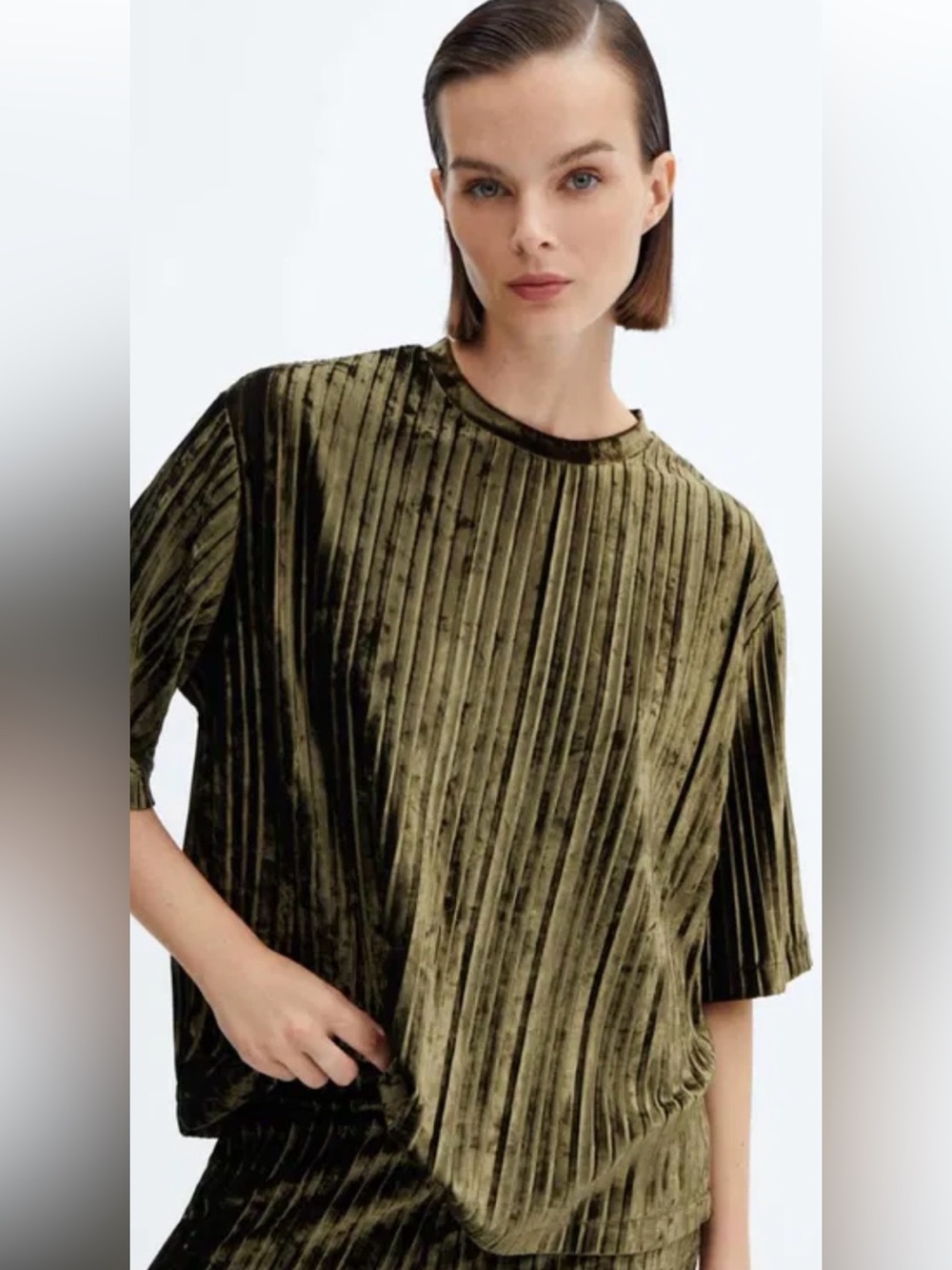 Mango Green Micro Pleated Stretch Short Sleeve Blouse